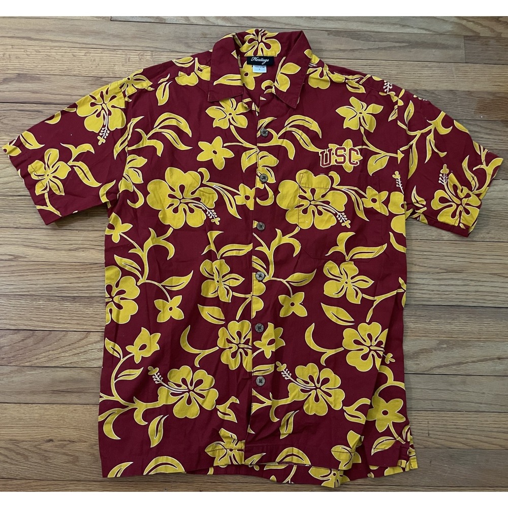 USC Trojans Heritage Hawaiian Shirt Mens Medium Red Gold Floral Made in USA